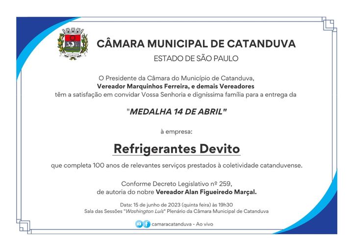 Câmara entrega Medalha 14 de Abril à empresa Refrigerantes Devito