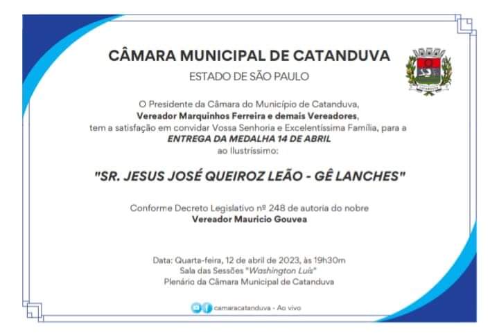 Câmara entrega Medalha 14 de abril ao “Gê Lanches”, nesta quarta-feira (12) 