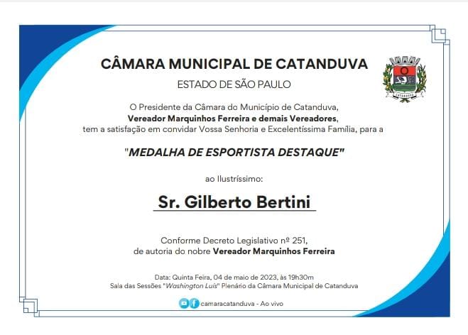 Câmara entrega Medalha “Esportista Destaque” a Gilberto Bertini