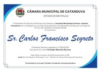 Câmara Municipal entrega título de cidadão catanduvense a Carlos Francisco Segreto