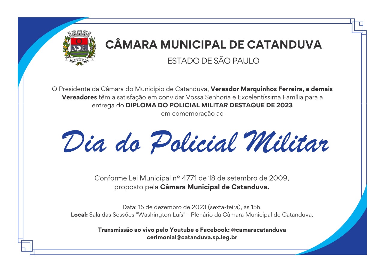 Câmara Municipal realiza entrega do Diploma Policial Militar Destaque nesta sexta-feira (15)