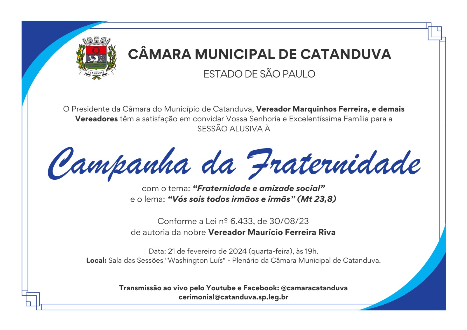 Câmara promove sessão alusiva à Campanha da Fraternidade, nesta quarta-feira (21)