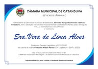Legislativo entregará Título de Cidadã Catanduvense a Vera de Lima Alves