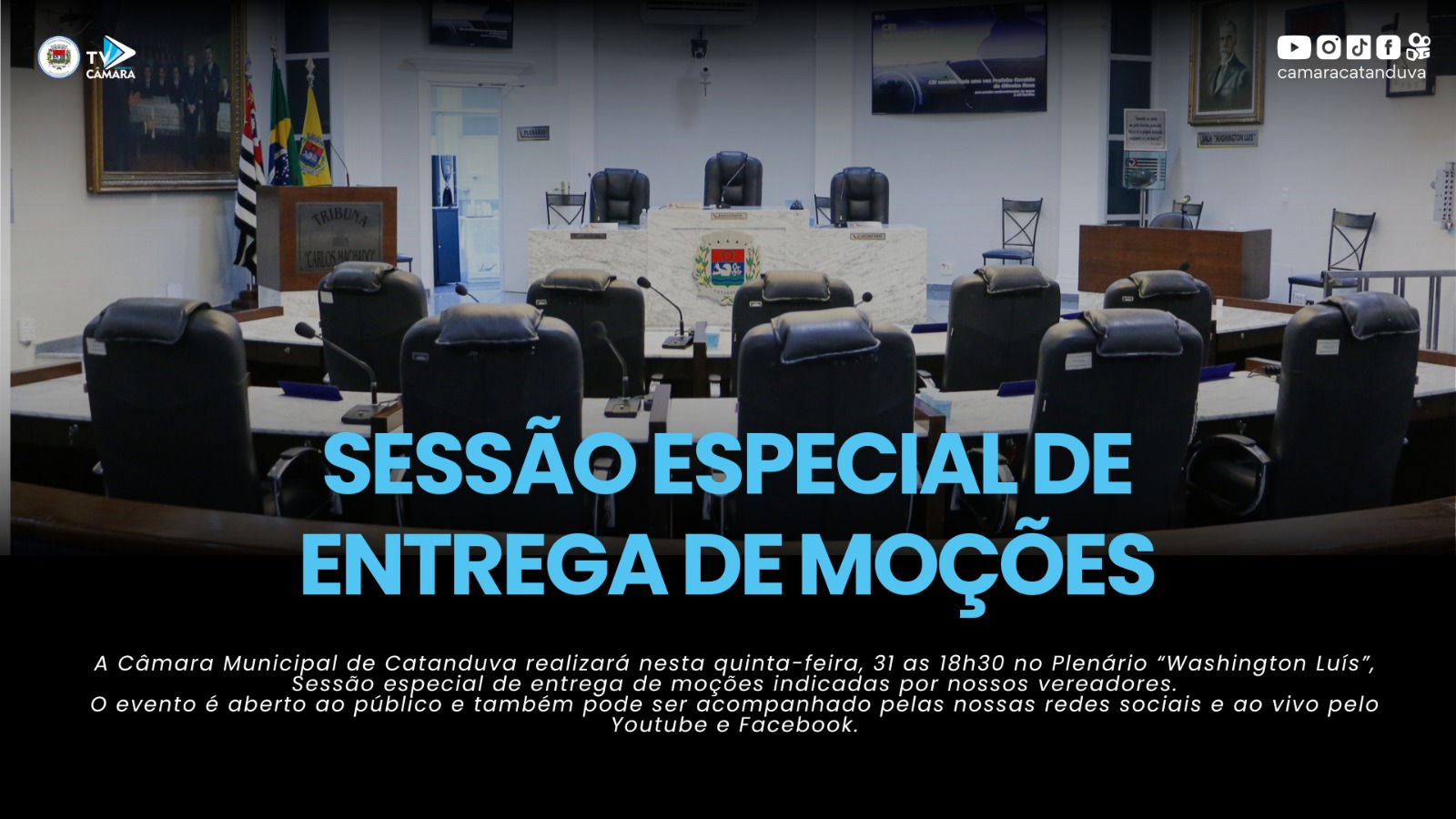 Sessão especial para entrega de moções será nesta quinta-feira (31)